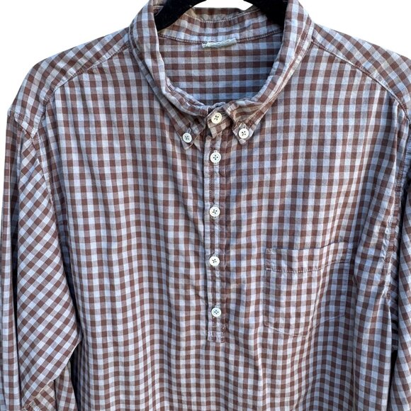 Vintage Brown Blue Gingham Long Sleeve 1/2 Button-Up Madras Cotton Tunic Shirt - Picture 3 of 8